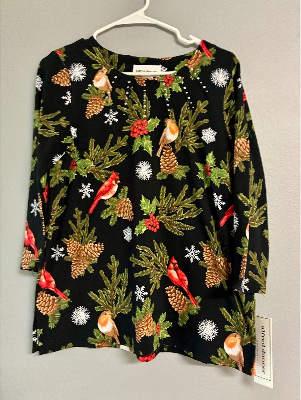 NWT Alfred Dunner Christmas Holiday Cardinal Rhinestone Top Sz S
